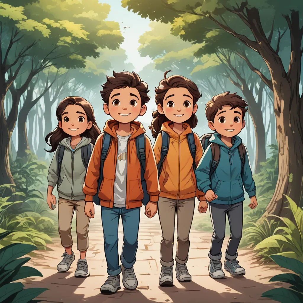 a group of three people walking down a forest path in front of a forest with trees and leaves on the ground, process art, a storybook illustration, Diego Gisbert Llorens, rossdraws global illumination