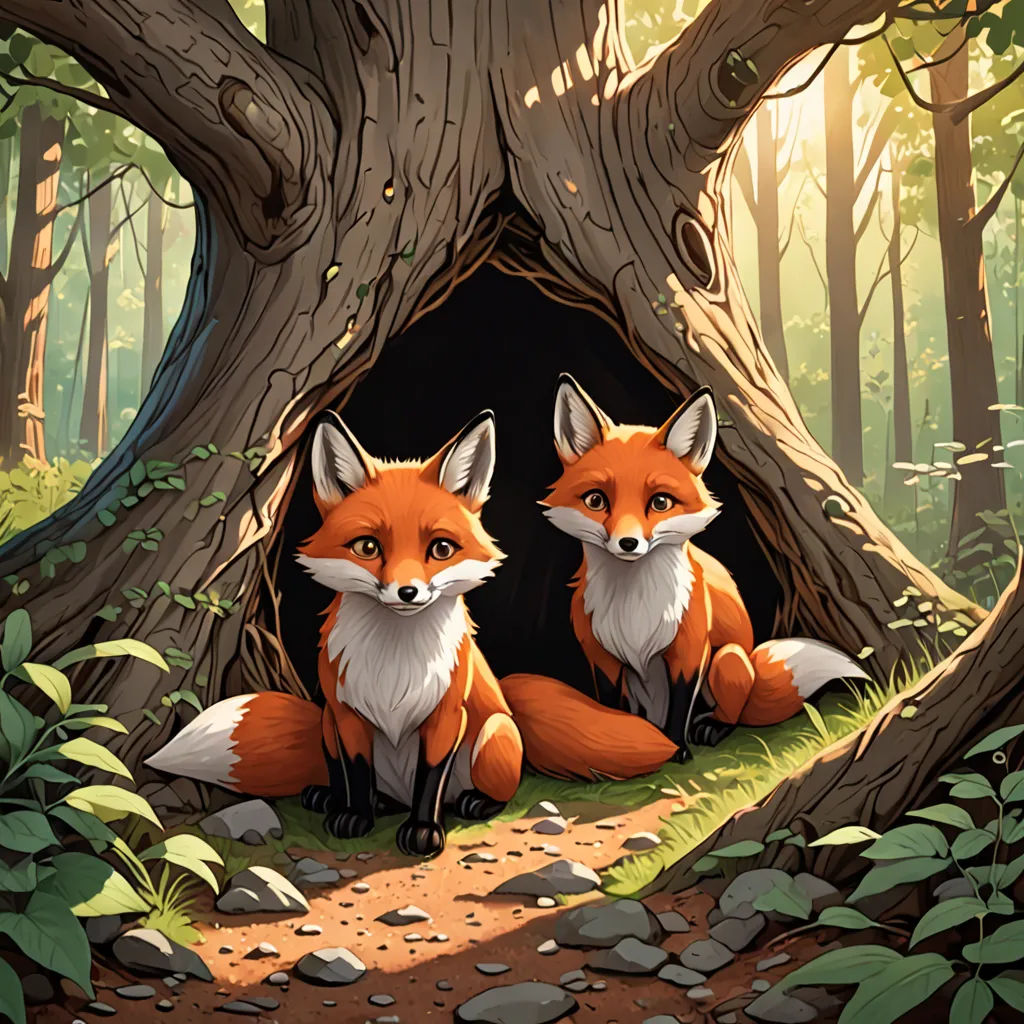 a painting of two foxes sitting in a forest under a tree trunk with a hole in the ground to look out, furry art, a storybook illustration, Dan Mumford, official art