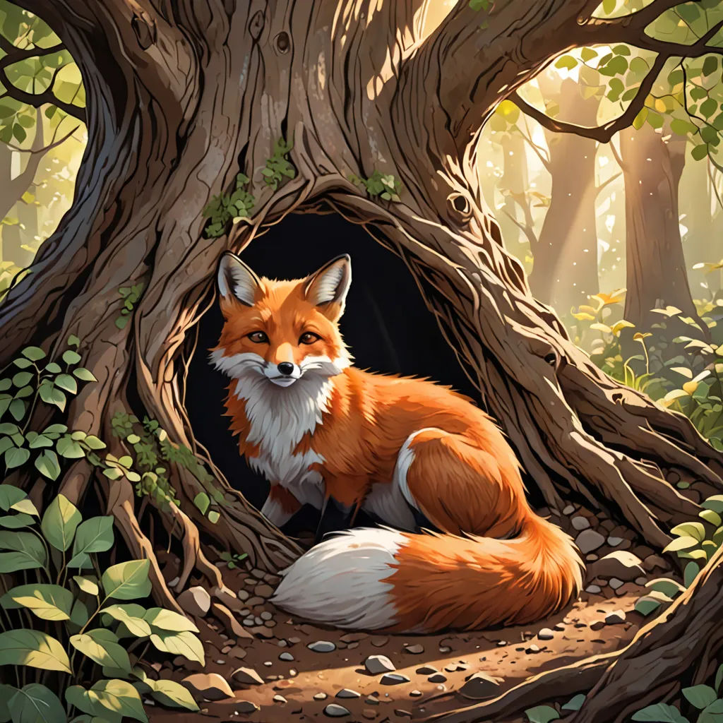 a painting of a fox in a tree hollow with leaves around it and a forest background with a sunbeam, furry art, a storybook illustration, Chris LaBrooy, storybook illustration