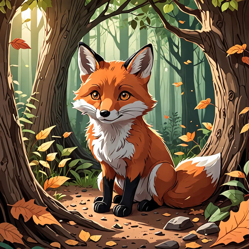 a fox sitting in the middle of a forest surrounded by leaves and trees with a bright yellow eye on its face, furry art, a storybook illustration, Dan Mumford, official art