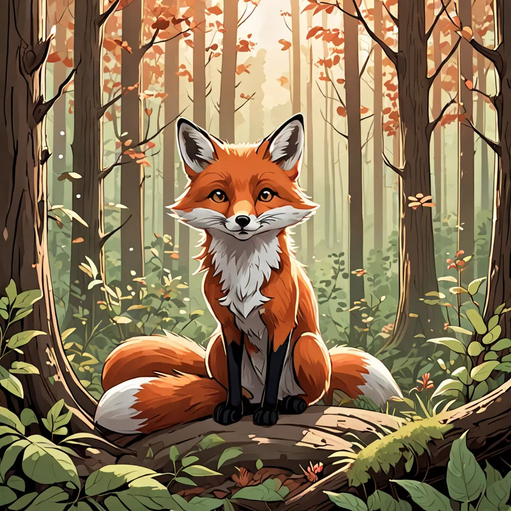a red fox sitting on a log in a forest with leaves and trees around it, looking at the camera, furry art, a storybook illustration, Dan Mumford, official art
