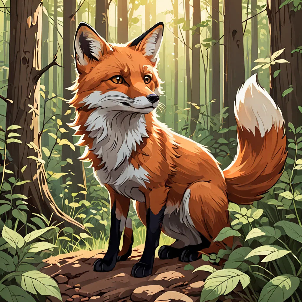 a red fox standing on a log in a forest with green leaves and trees around it, looking at the camera, furry art, a character portrait, Dan Mumford, official art