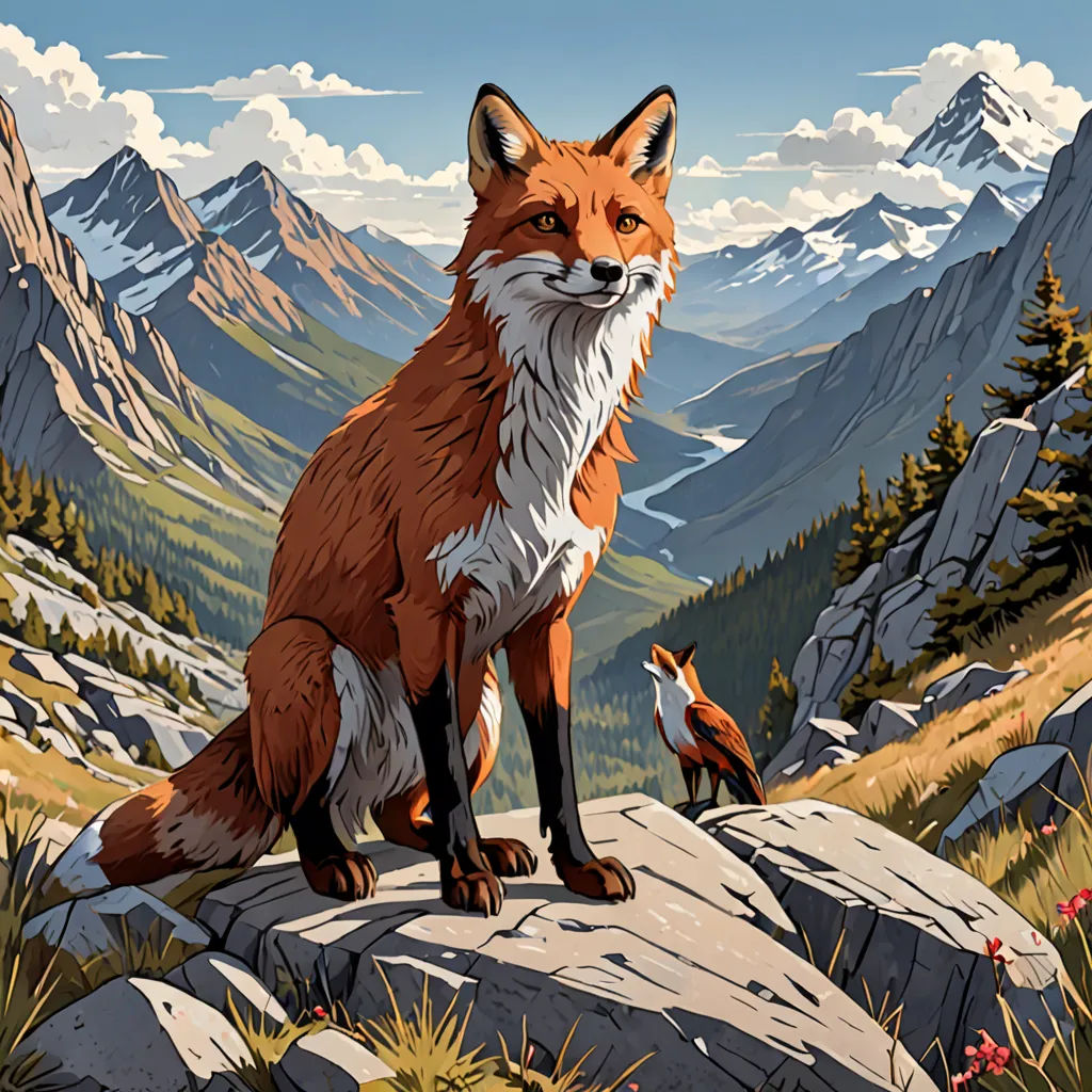 a painting of a fox sitting on a rock in the mountains with a fox nearby looking at the camera, furry art, a storybook illustration, Dan Mumford, josan gonzales and dan mumford