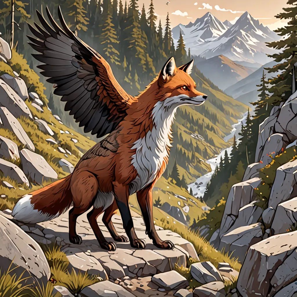 a fox with wings spread standing on a rocky hillside with a mountain range in the background and a forest in the foreground, fantasy art, a storybook illustration, Dan Mumford, highly detailed digital painting