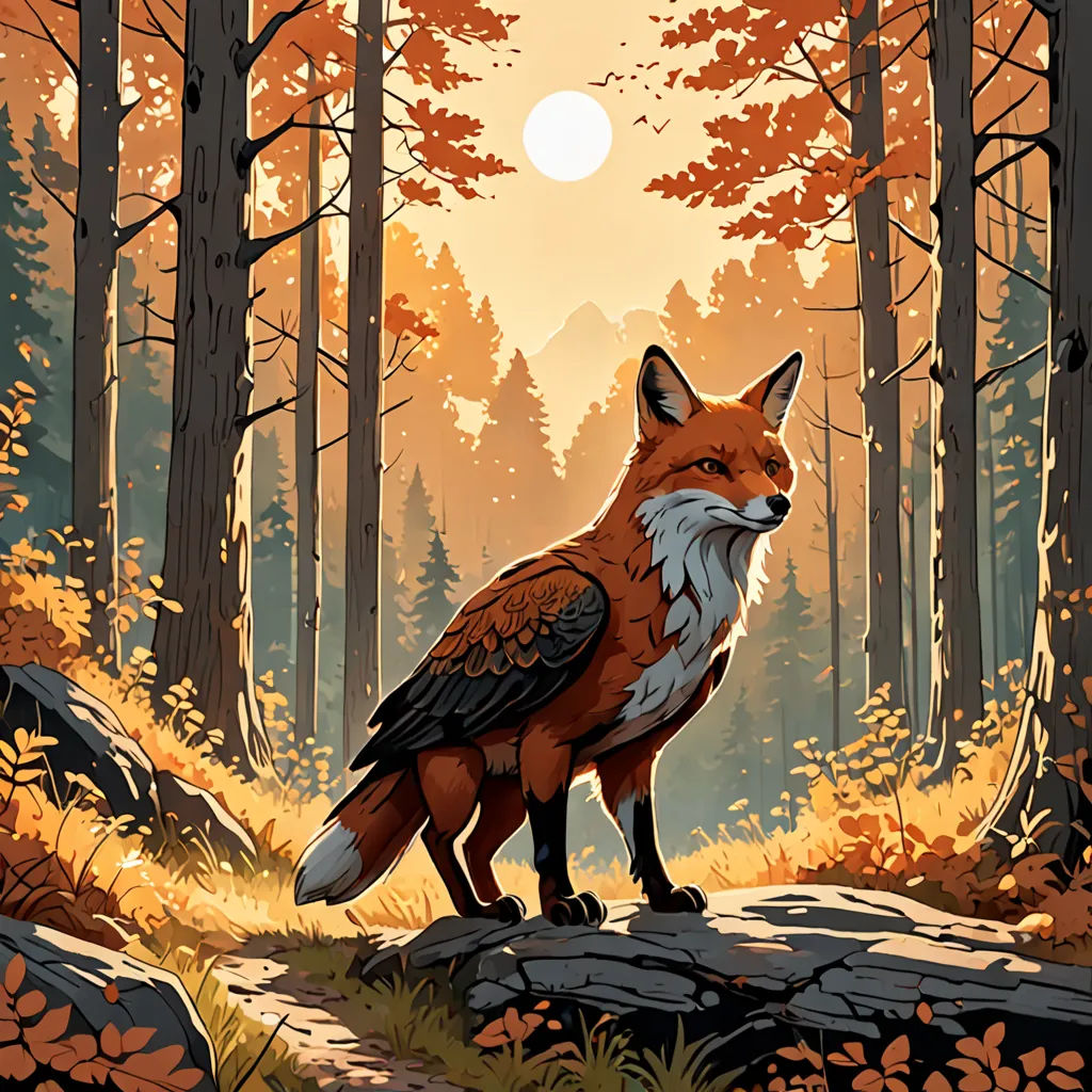 a fox standing on a rock in a forest with a sun in the background and trees and leaves around it, furry art, a storybook illustration, Dan Mumford, josan gonzales and dan mumford