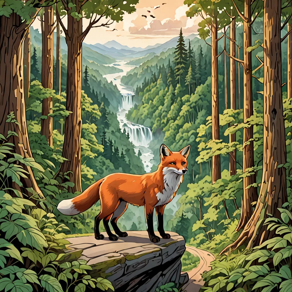 a fox standing on a rock in a forest with a waterfall in the background and a bird flying over it, environmental art, a storybook illustration, Dan Mumford, storybook illustration