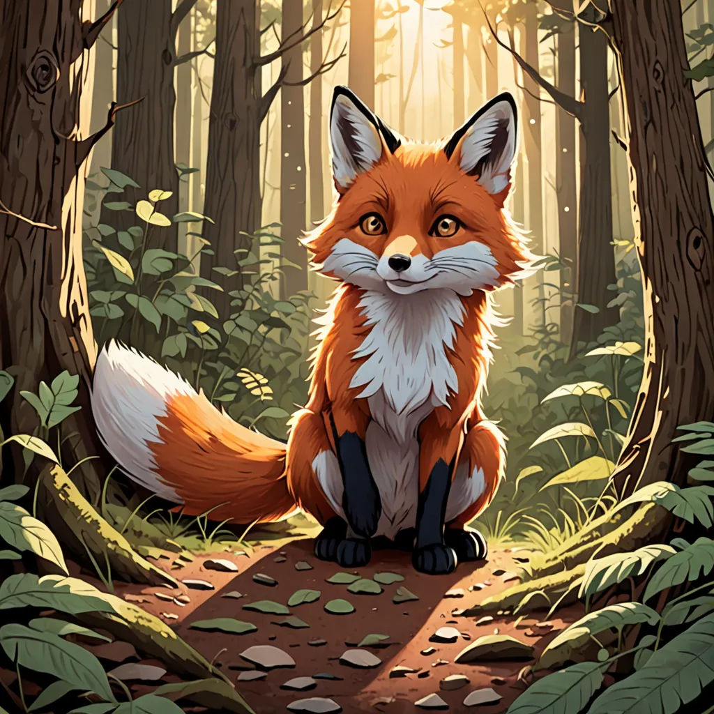a red fox sitting in the middle of a forest with sun shining through the trees and leaves on the ground, furry art, a storybook illustration, Dan Mumford, official art