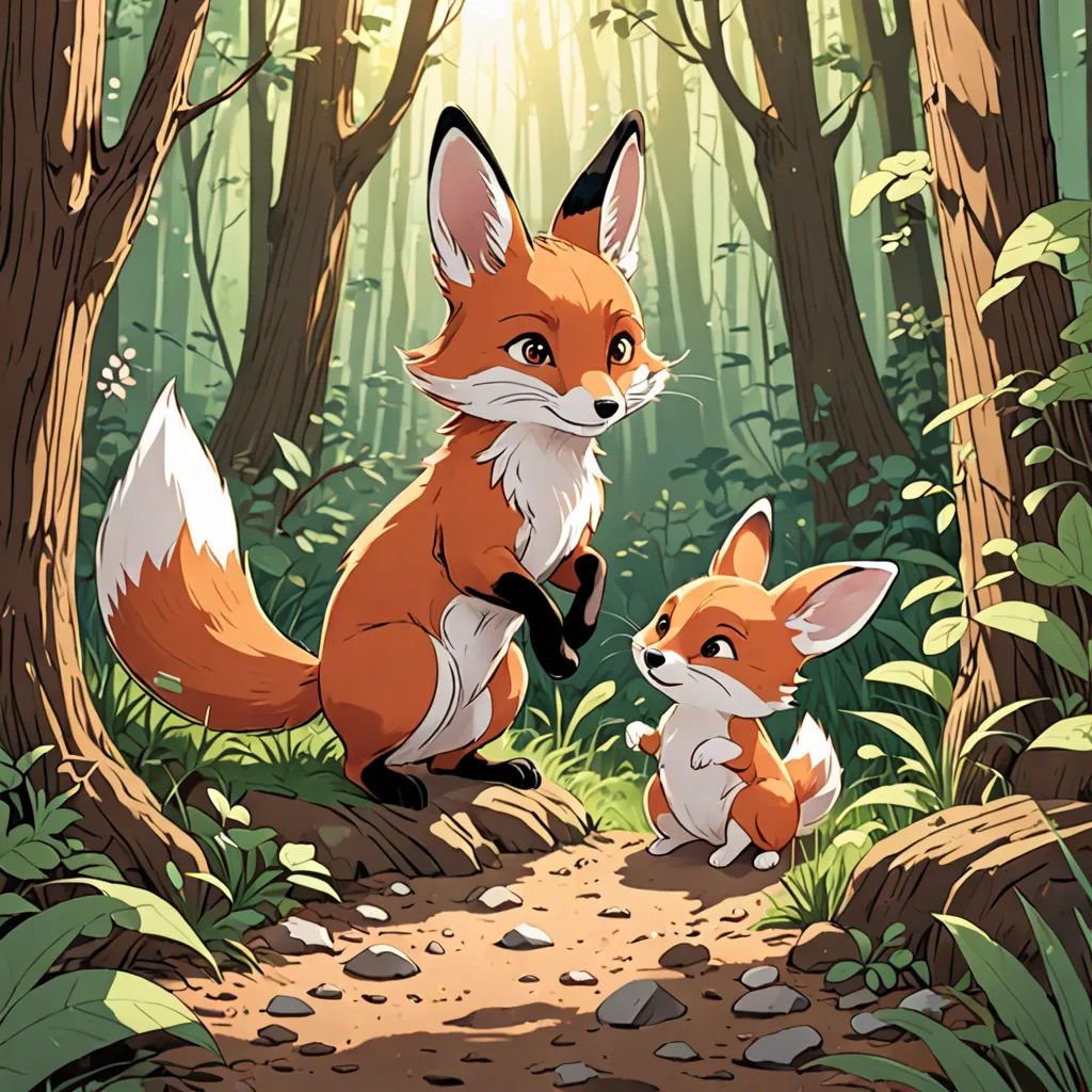 a fox and a fox cub sitting in the woods together, looking at each other, with sunlight streaming through the trees, furry art, a storybook illustration, Cliff Childs, official art