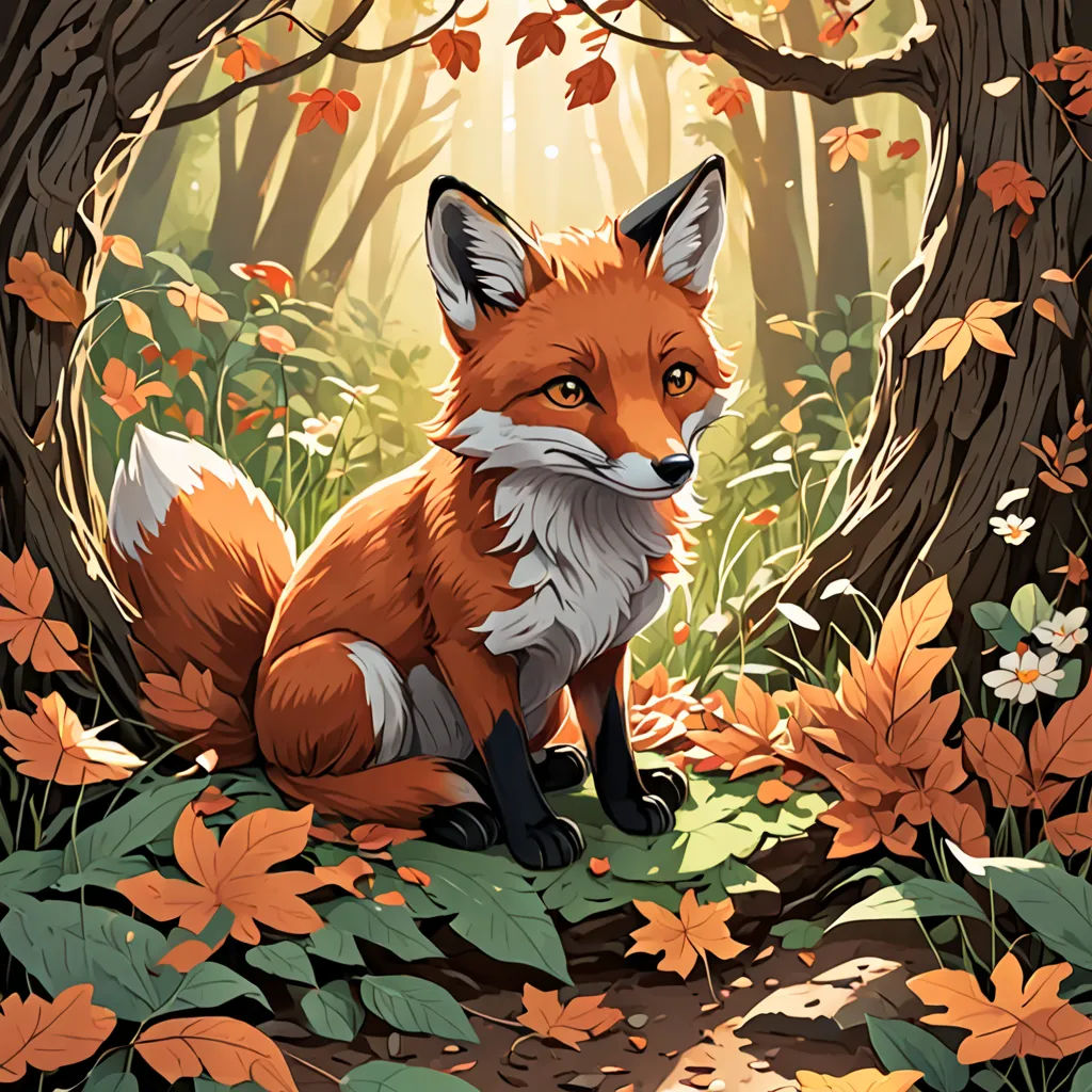 a red fox sitting in the middle of a forest surrounded by leaves and flowers, with a bright light coming through the trees, furry art, a storybook illustration, Dan Mumford, autumn