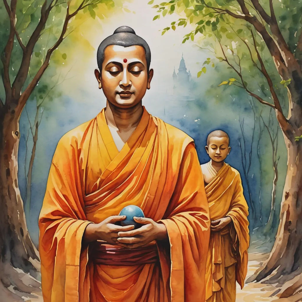 a painting of a monk holding a ball in his hands and a child standing behind him in the background, metaphysical painting, a detailed painting, Ding Guanpeng, centered