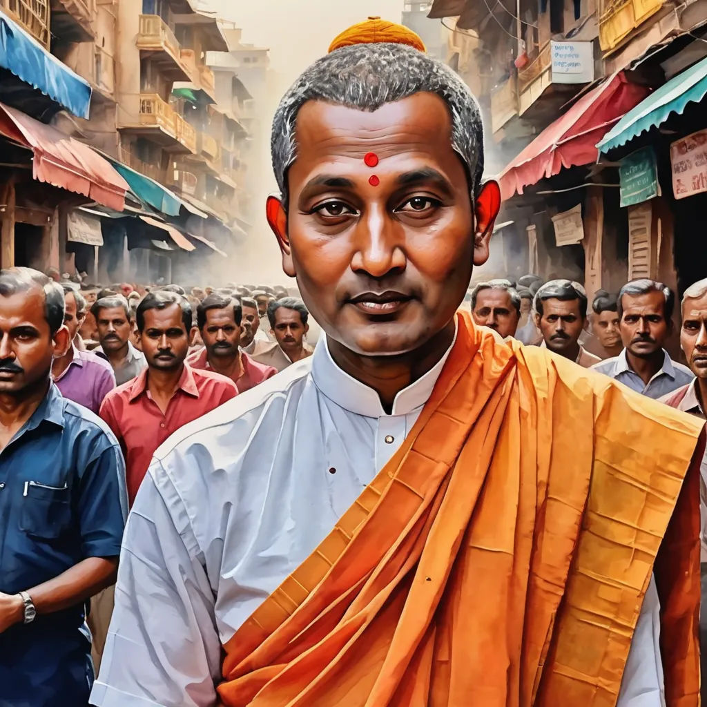 a painting of a man in a white shirt and orange scarf standing in front of a crowd of people, samikshavad, a hyperrealistic painting, Bholekar Srihari, highly detailed digital painting