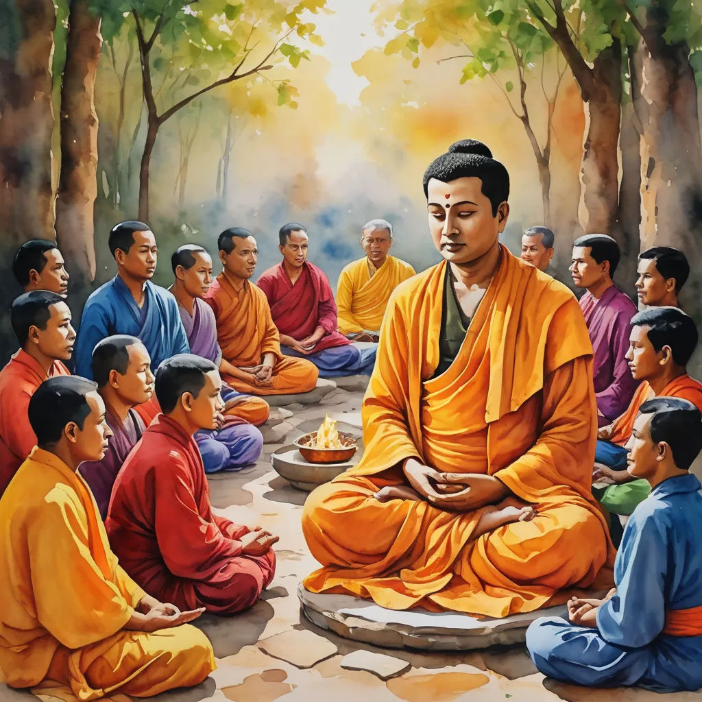 a painting of a man sitting in a meditation position with other people around him and a candle in his hand, samikshavad, a detailed painting, Ding Guanpeng, centered