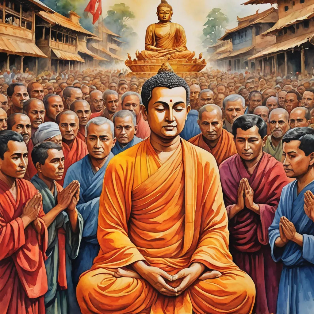 a painting of a buddha surrounded by many people in a temple with a golden buddha statue in the middle, samikshavad, a detailed drawing, Bapu, promotional image