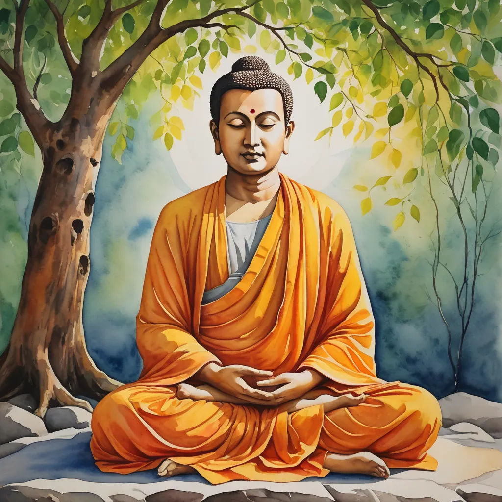 a painting of a buddha sitting in a meditation position in front of a tree and a moon in the sky, metaphysical painting, a detailed painting, Bapu, centered