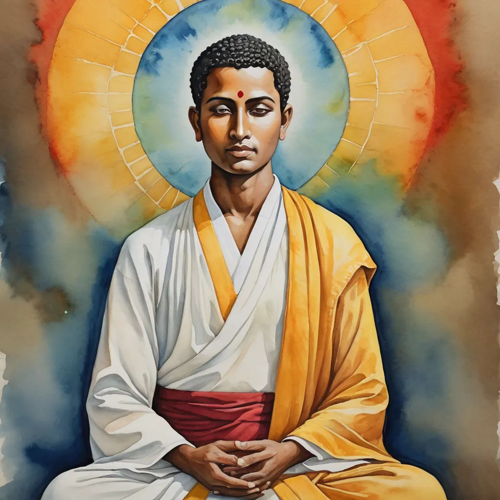 a painting of a man in a yellow robe with a cross on his chest and a halo above his head, samikshavad, a watercolor painting, Bholekar Srihari, jayison devadas
