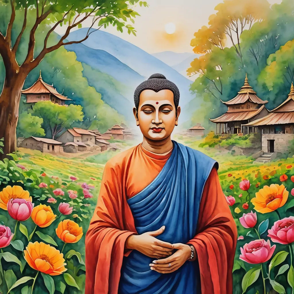 a painting of a man standing in a field of flowers with a mountain in the background and a village in the distance, samikshavad, a detailed painting, Bhupen Khakhar, promotional image