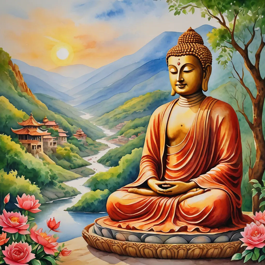 a painting of a buddha statue sitting in a lotus position with a mountain view behind it and a river running through the valley, samikshavad, a detailed painting, Bapu, serene