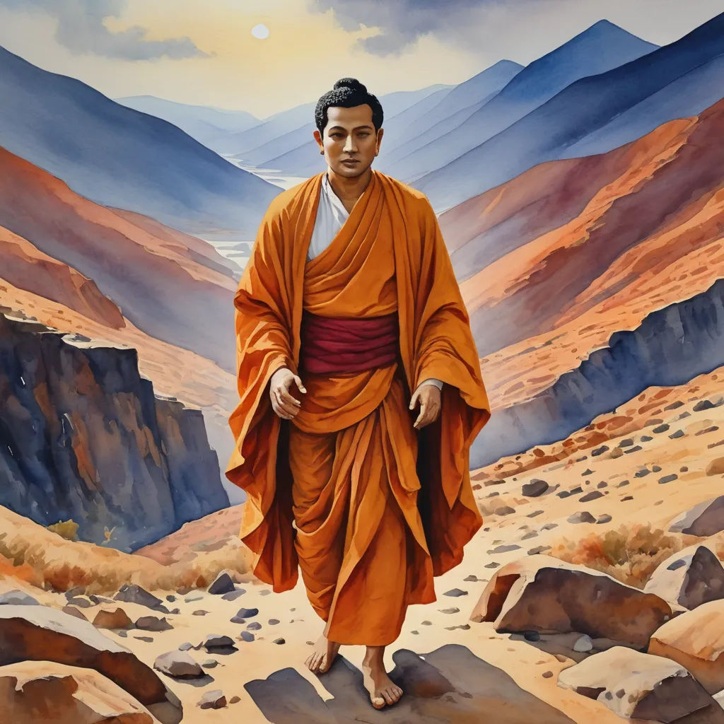 a painting of a man in a robe walking in the desert with mountains in the background and a sun setting, excessivism, an oil on canvas painting, Ding Guanpeng, painting