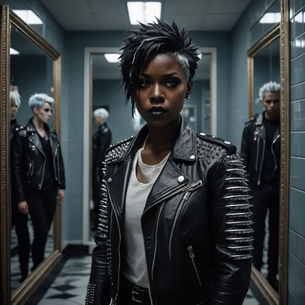a woman with black hair standing in a hallway with other people in the background wearing black leather jackets and black pants, afrofuturism, a character portrait, Felix-Kelly, promotional image