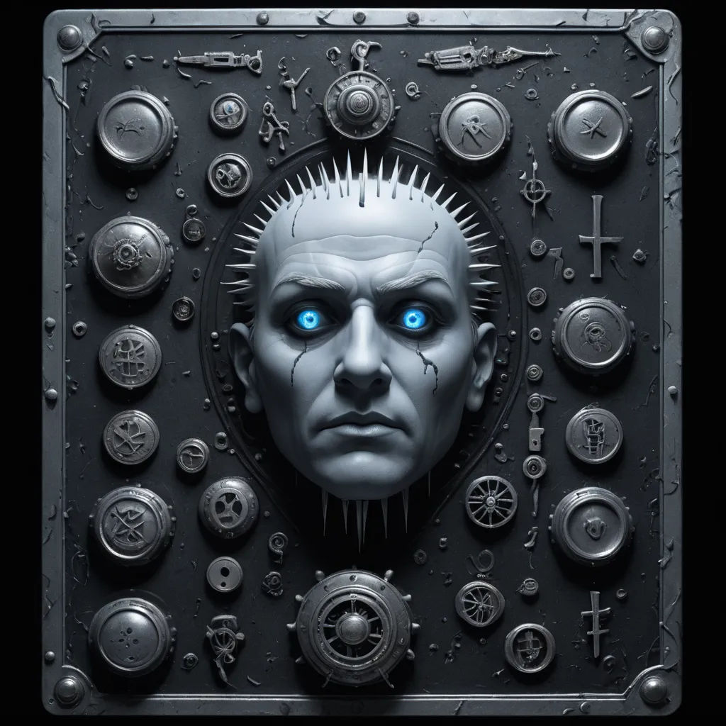 a face with blue eyes surrounded by other metal objects and symbols on a black background with a black border, gothic art, a character portrait, Bastien L. Deharme, cybernetics