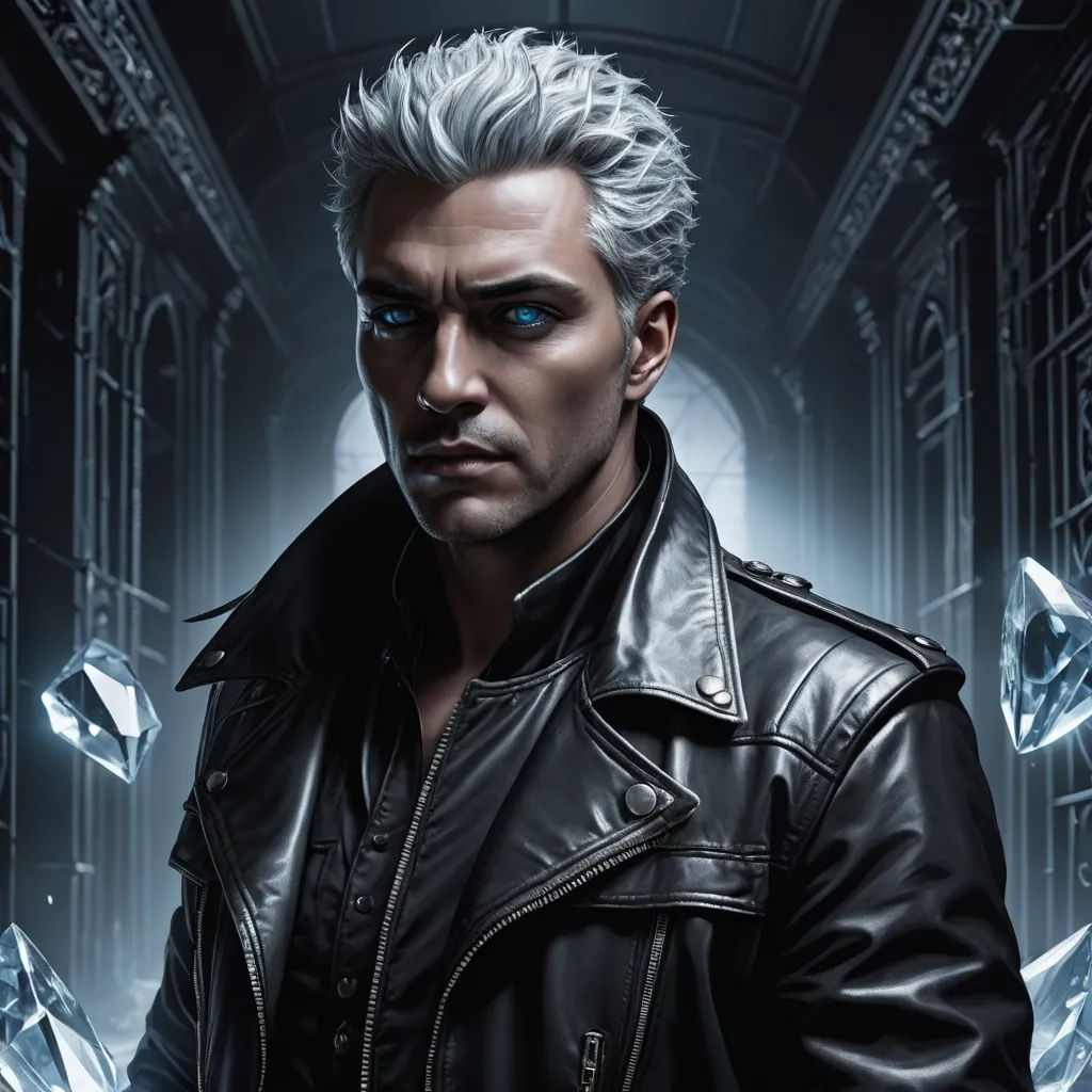 a man with a black jacket and blue eyes in a dark room with ice crystals on the floor and a black jacket on, gothic art, a character portrait, Cedric Peyravernay, key art