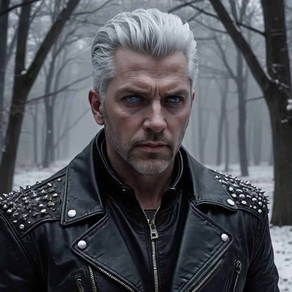 a man with white hair and blue eyes wearing a black leather jacket in a snowy forest with trees and snow, antipodeans, a character portrait, Andor Basch, j. c. leyendecker 8 k