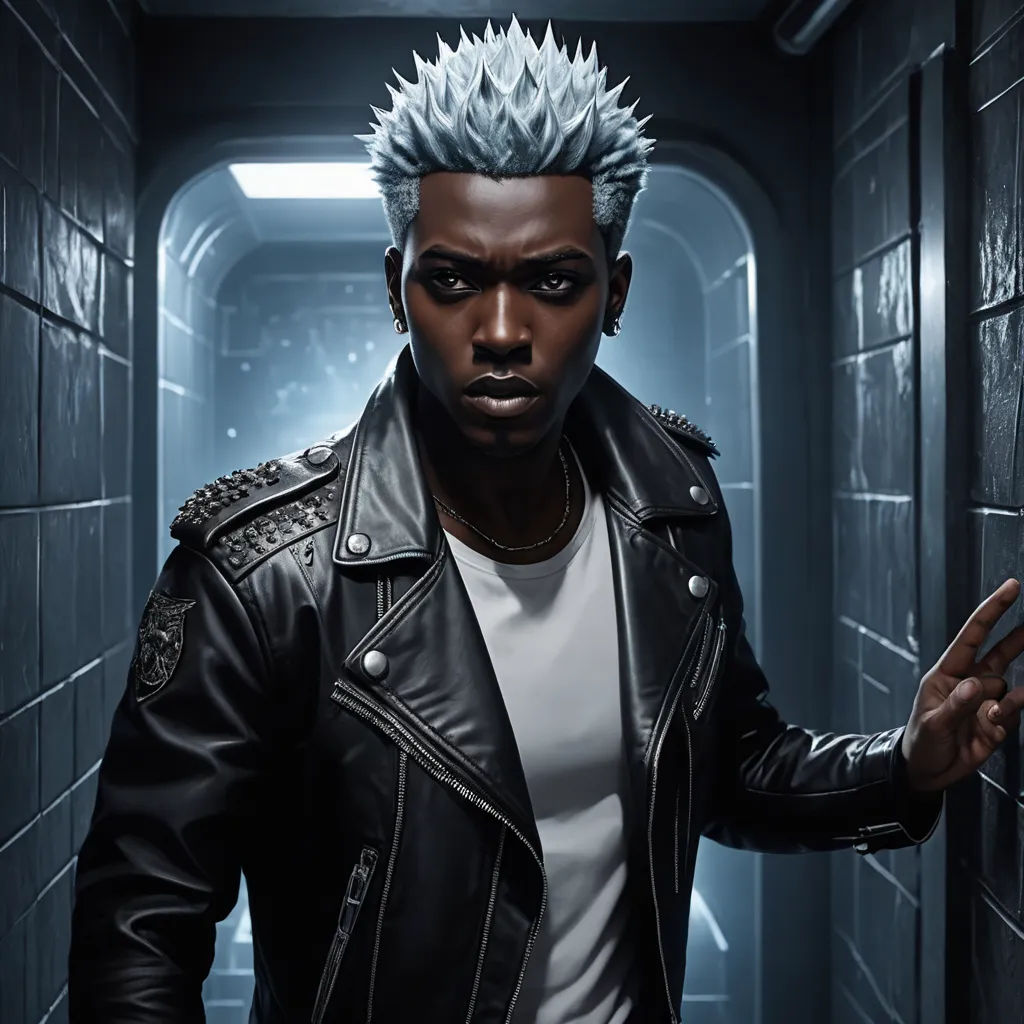 a man with spiked hair standing in a hallway with a black jacket on and a white t - shirt, afrofuturism, a character portrait, Cosmo Alexander, character portrait