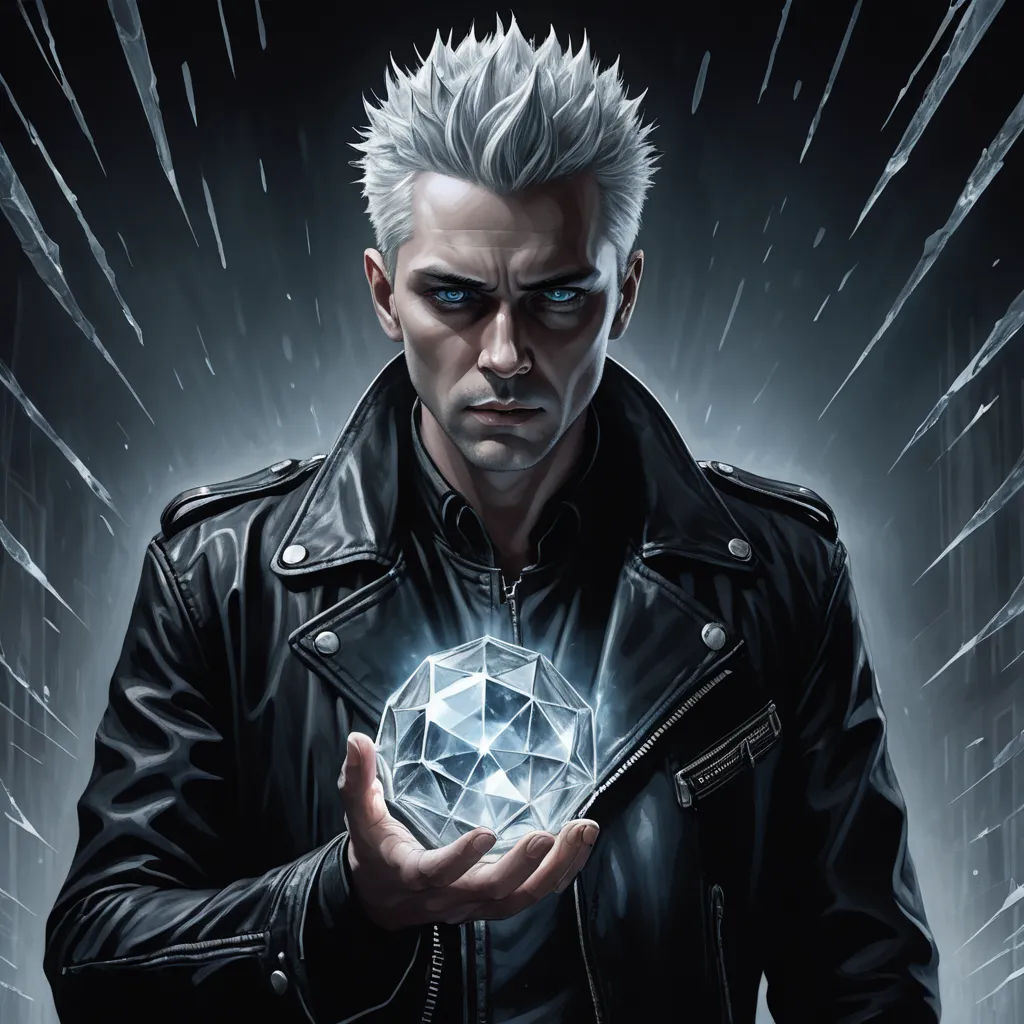 a man holding a crystal ball in his hands with a black background and white hair and a black leather jacket, gothic art, a character portrait, Cedric Peyravernay, 2 d game art