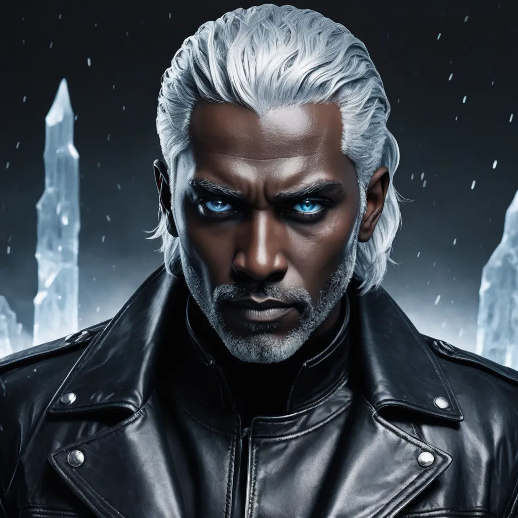 a man with white hair and blue eyes wearing a black leather jacket and a black jacket with a white beard, antipodeans, a character portrait, Cedric Seaut (Keos Masons), key art