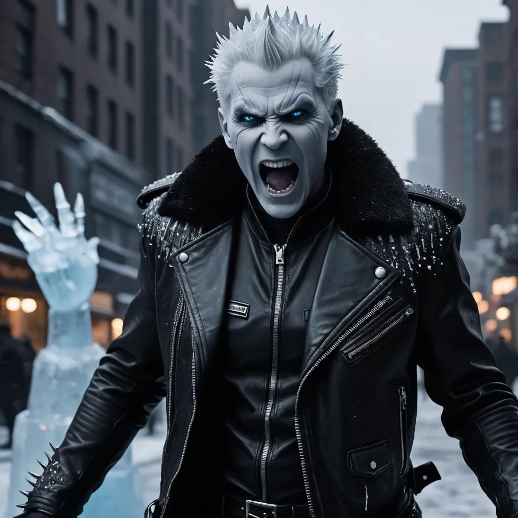 a man with a weird face and a leather jacket on in the street with a fake hand in the background, antipodeans, a character portrait, Dan Luvisi, promotional image