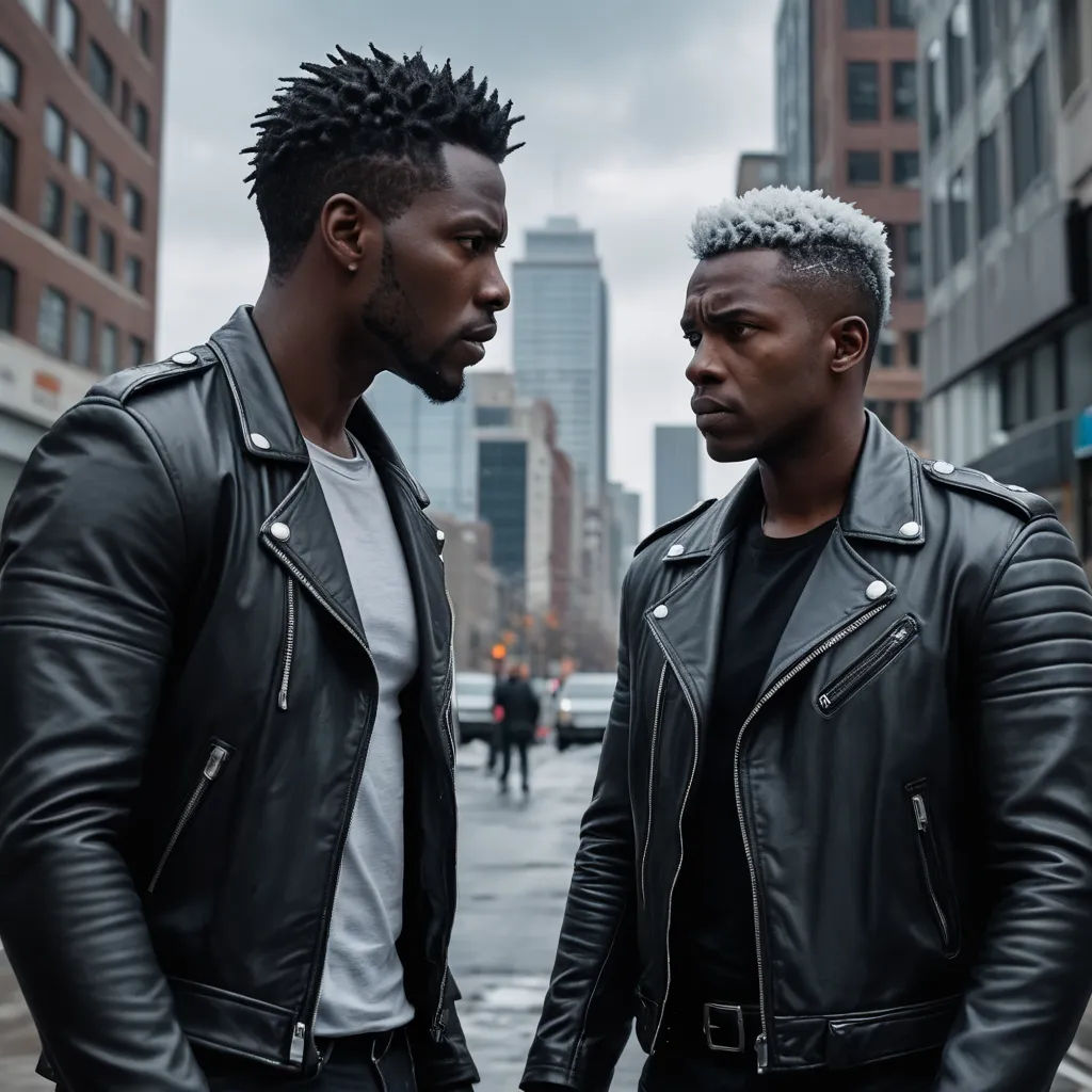 two men standing next to each other in a city street with tall buildings in the background and one wearing a black leather jacket, afrofuturism, a poster, Chinwe Chukwuogo-Roy, promotional image