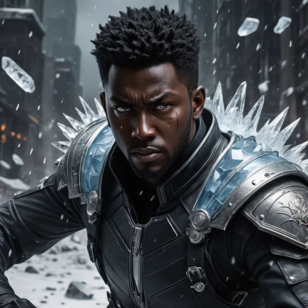 a man in a black suit with spiked hair and spiked nails on his face, standing in a snowy city, antipodeans, a character portrait, Bruce Onobrakpeya, epic fantasy character art