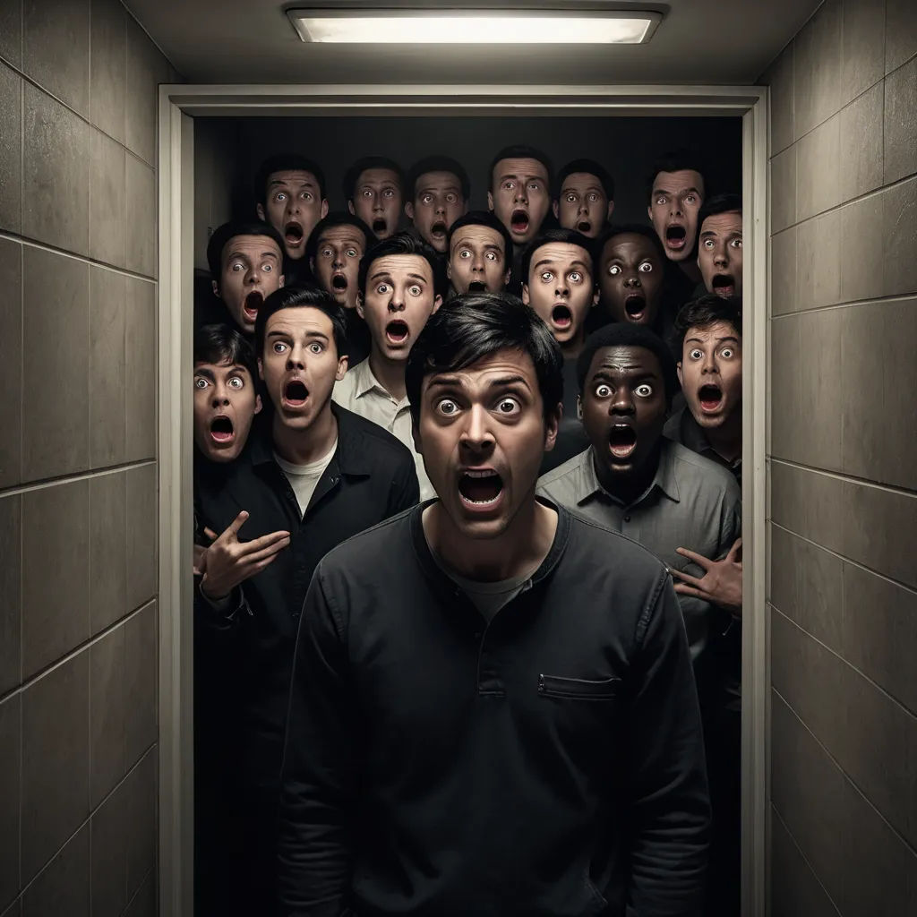 a man is standing in a doorway with his mouth open and many people are in the background looking surprised, shock art, a stock photo, Brad Kunkle, promotional image