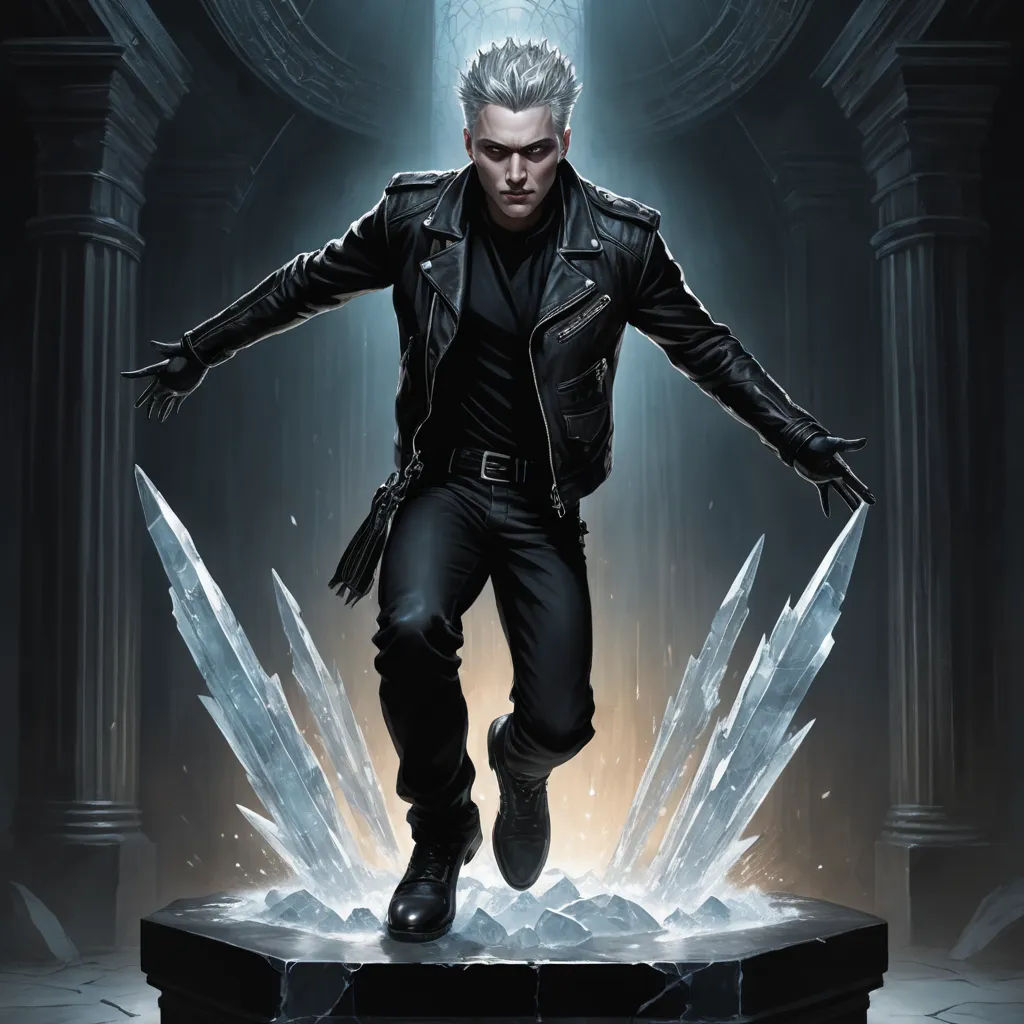 a man in a black jacket is standing on a crystal table with a sword in his hand and a glowing light behind him, gothic art, a character portrait, Cedric Seaut (Keos Masons), key art
