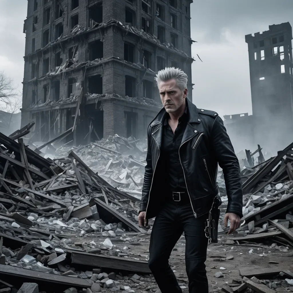 a man in a black leather jacket walking through a destroyed building with a gun in his hand and a gun in his other hand, neo-primitivism, a detailed matte painting, Andor Basch, promotional image