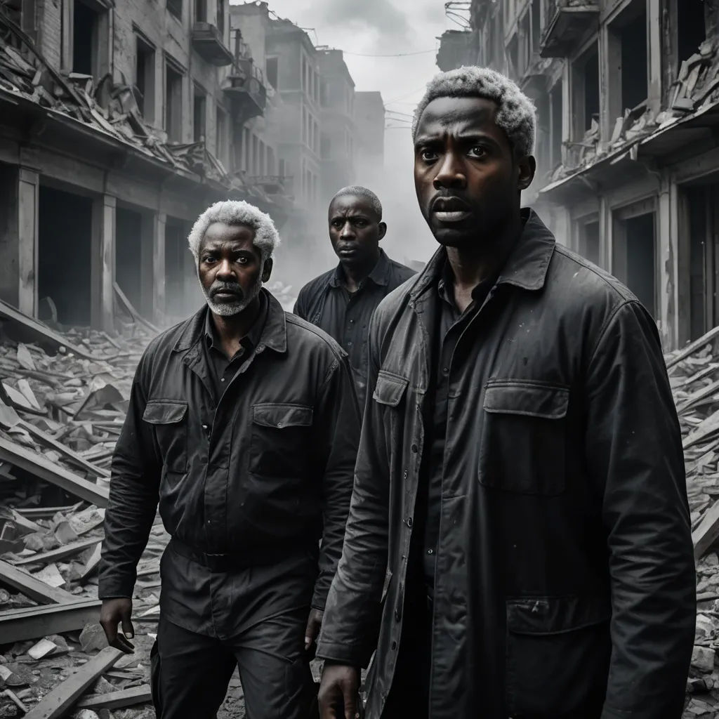 three men standing in a destroyed building in the middle of a street with a sky background and a building that has been destroyed, les automatistes, a poster, Derold Page, vfx