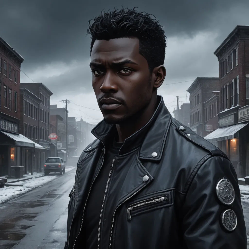 a man in a black leather jacket standing in the snow in a city street with a dark sky in the background, photorealism, a character portrait, Derold Page, ultra realistic digital art
