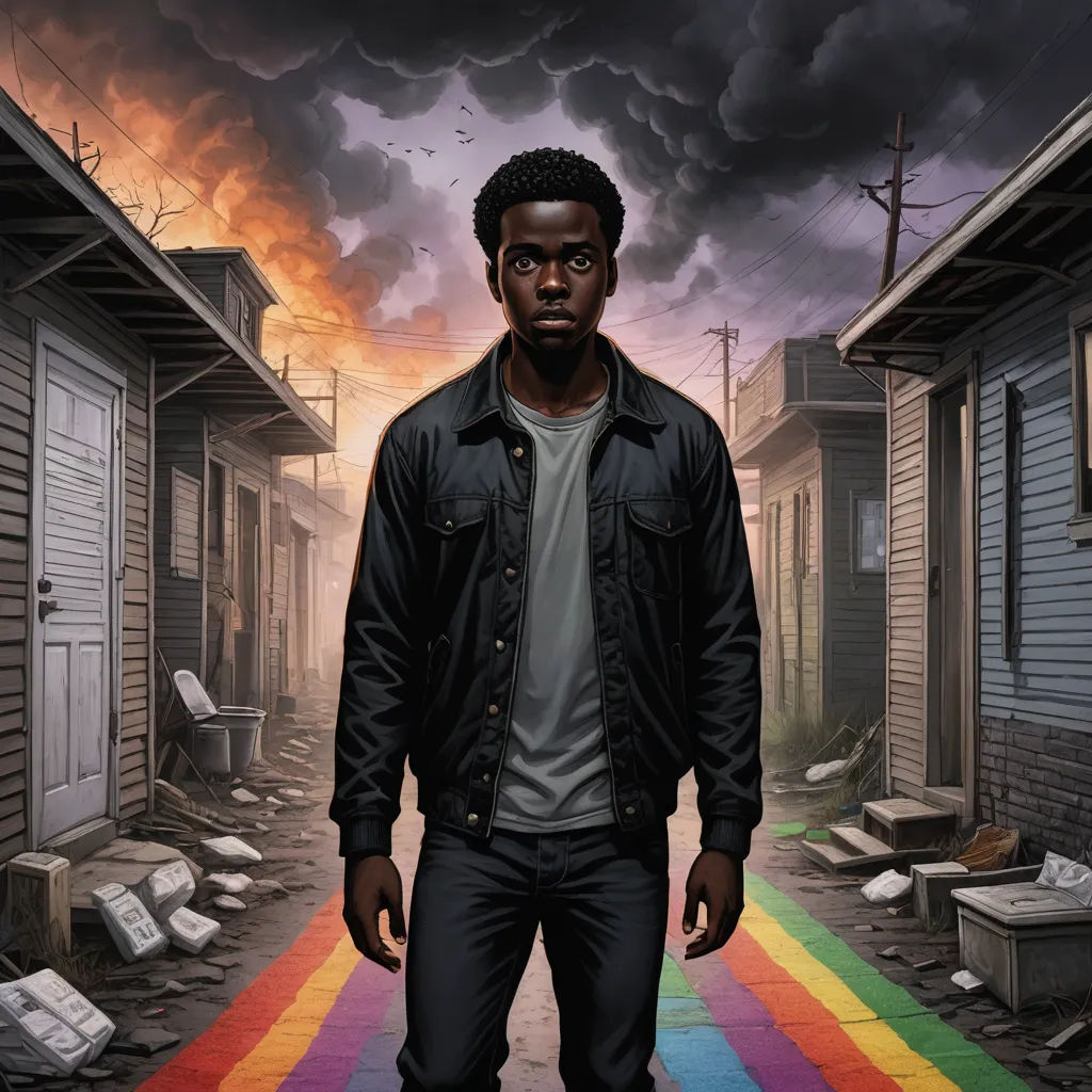 a man standing in a street with a rainbow painted on the ground in front of him and a dark sky, underground comix, poster art, Chris LaBrooy, comic cover art