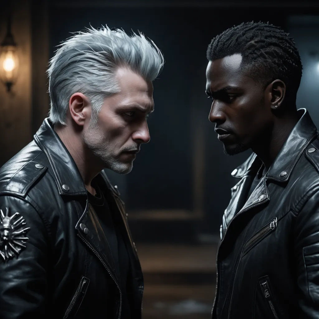 two men in leather jackets standing next to each other in a dark room with a light on the wall, letterism, poster art, Cedric Peyravernay, promotional image