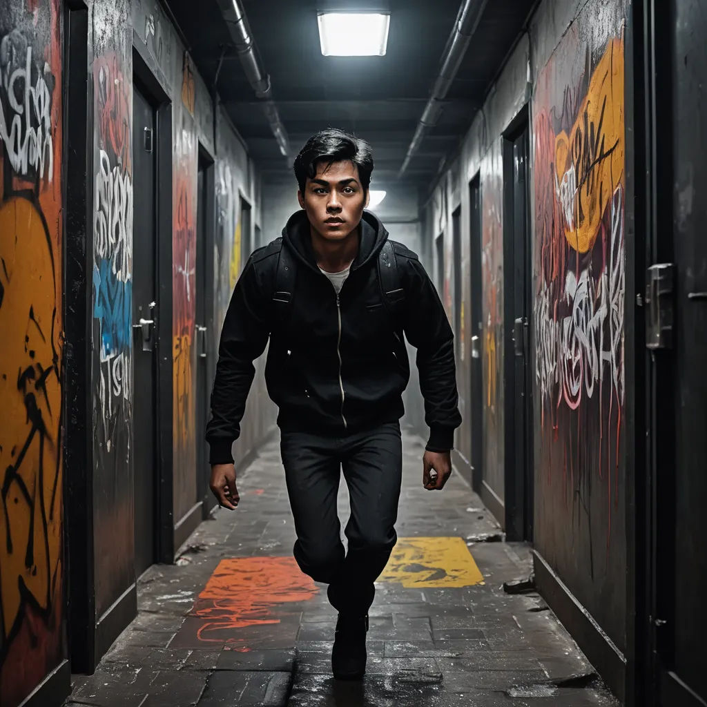 a man walking down a hallway covered in graffiti and spray paint on the walls of the hallway is a black jacket, graffiti, a character portrait, Cedric Seaut (Keos Masons), promotional image