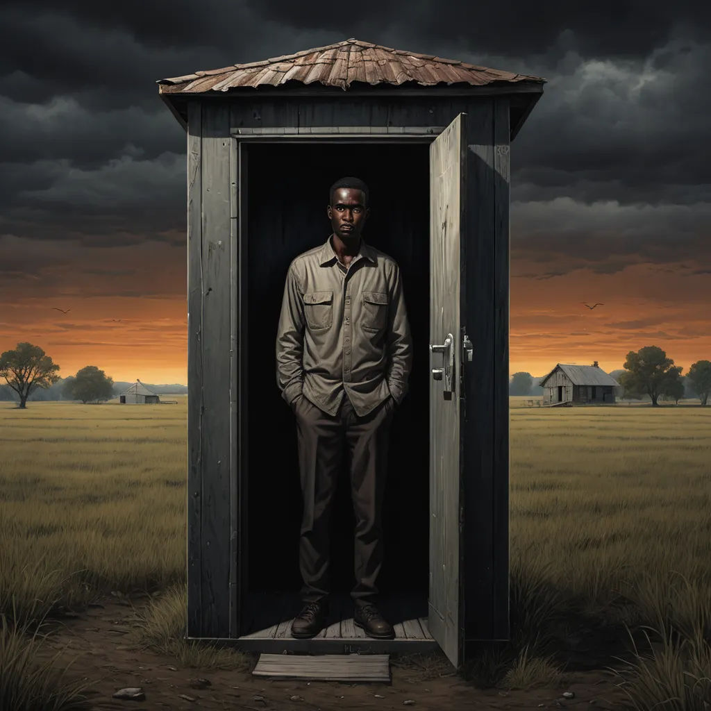 a man standing in a small outhouse in a field with a sunset in the background and a dark sky, american realism, an ultrafine detailed painting, Allan Brooks, highly detailed digital painting