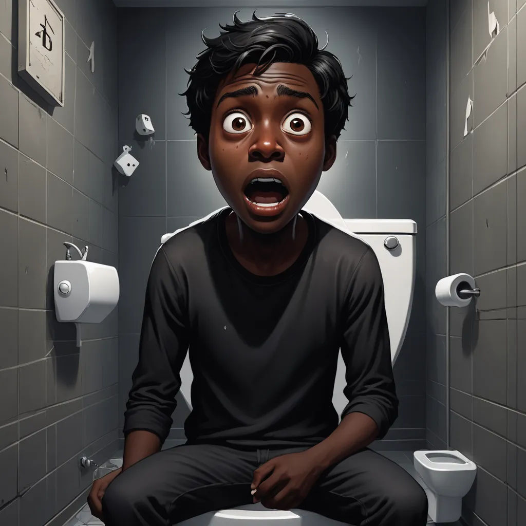 a man sitting on a toilet with a surprised look on his face and mouth, in a bathroom with grey tiles, shock art, a character portrait, Chris LaBrooy, cgstudio