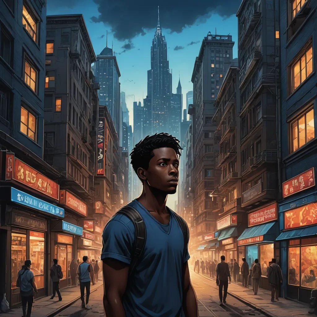 a man standing in the middle of a city street at night with a city skyline in the background and people walking on the sidewalk, afrofuturism, poster art, Cedric Seaut (Keos Masons), comic cover art