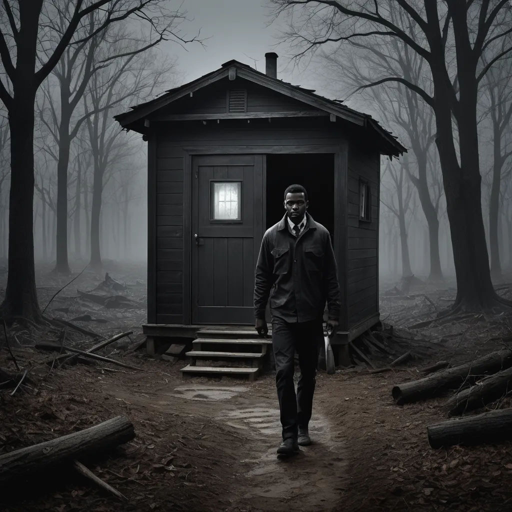 a man walking into a small cabin in the woods with a flashlight in his hand and a bag in his hand, magical realism, poster art, Derold Page, promotional image