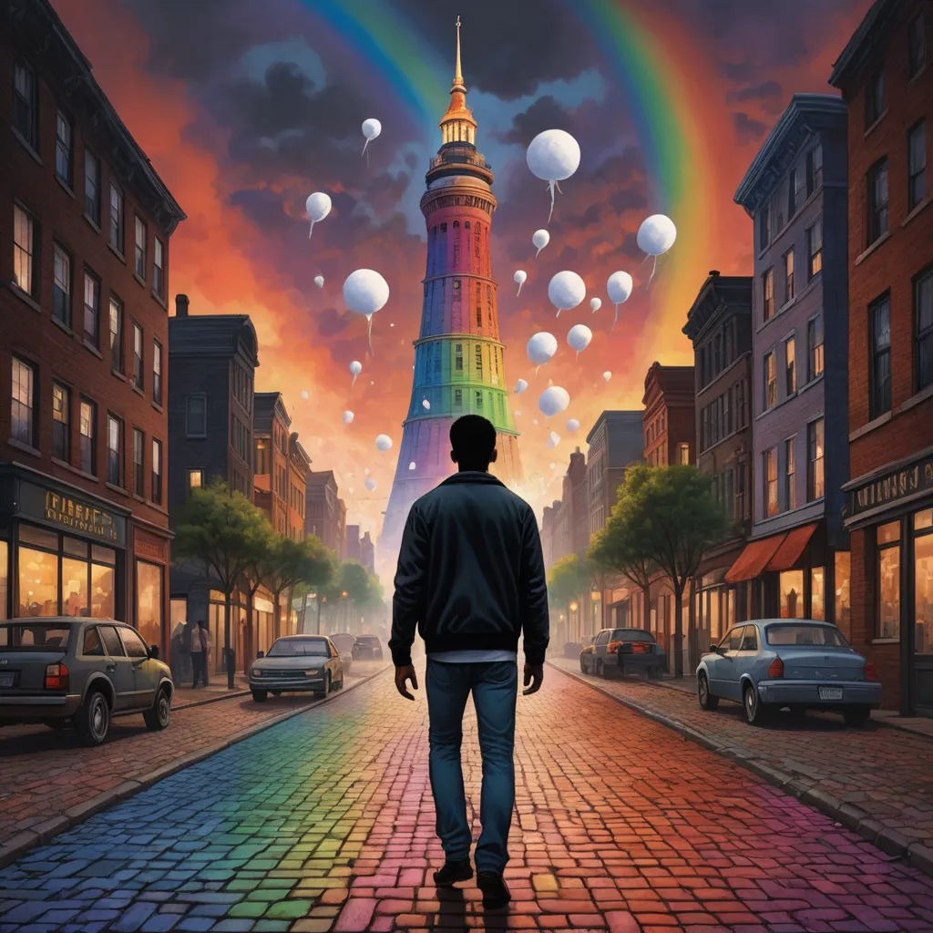 a man walking down a street with balloons floating in the air above him and a rainbow in the sky, magical realism, poster art, Chris LaBrooy, key art