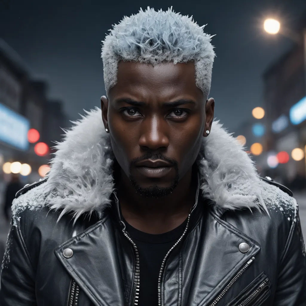 a man with a black jacket and a white haircut and a black shirt and a black jacket and a street, afrofuturism, a character portrait, Bruce Onobrakpeya, promotional image