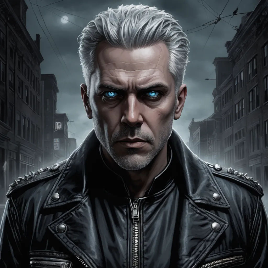a man with a black jacket and blue eyes in a city street at night with a full moon in the background, photorealism, cyberpunk art, Cedric Peyravernay, realistic character concept