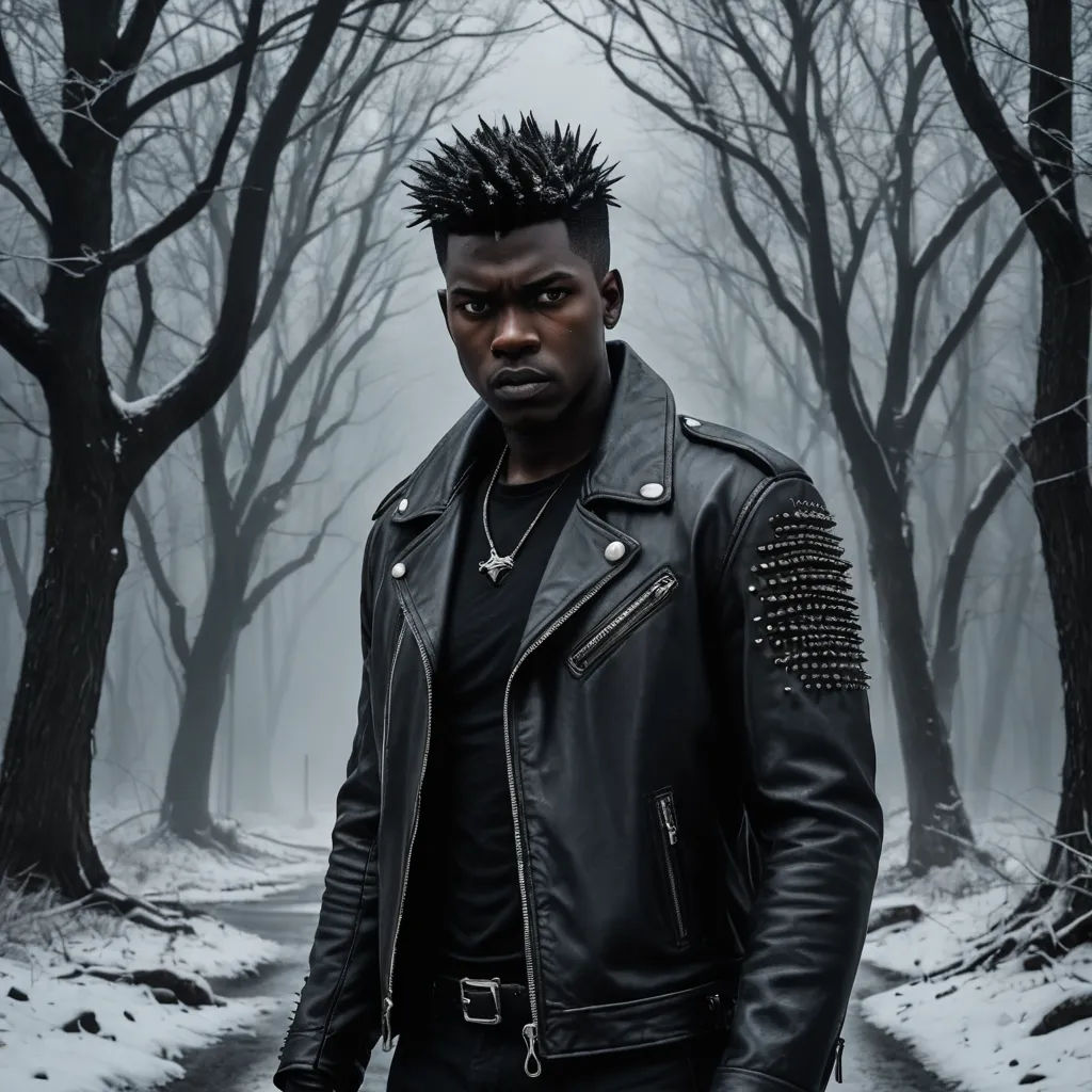 a man in a black leather jacket standing in a snowy forest with trees and a path in the background, afrofuturism, a character portrait, Cedric Seaut (Keos Masons), portrait photography