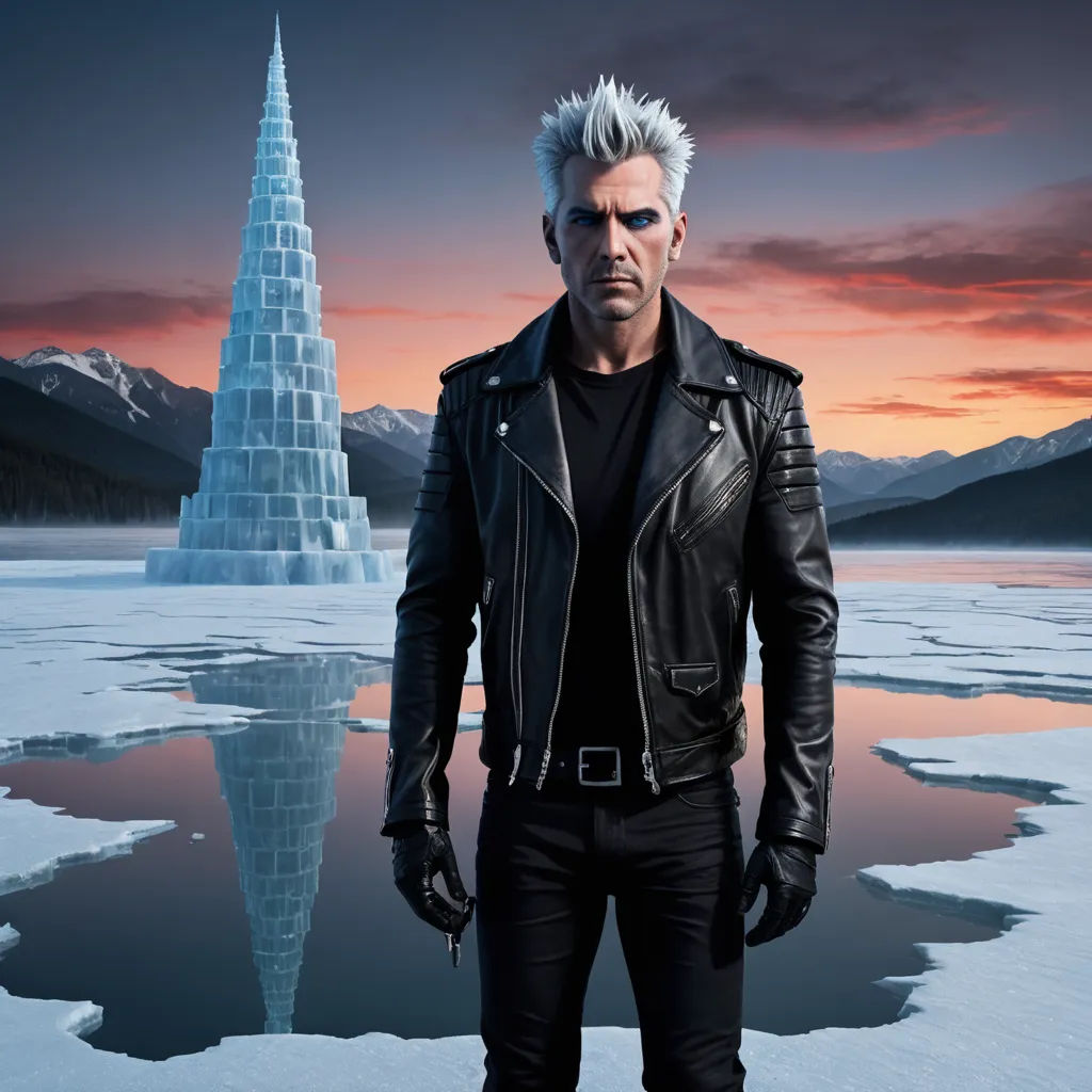 a man in a black leather jacket standing in front of a pyramid of ice and water with a sunset in the background, serial art, a character portrait, Eric Taylor, promotional image