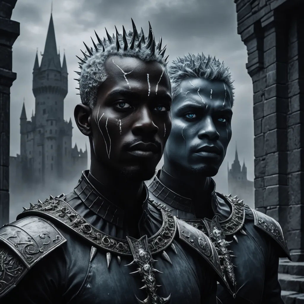 two men in black costumes standing in front of a castle with spikes on their head and spikes on their ears, afrofuturism, a detailed matte painting, Dirk Crabeth, epic fantasy character art